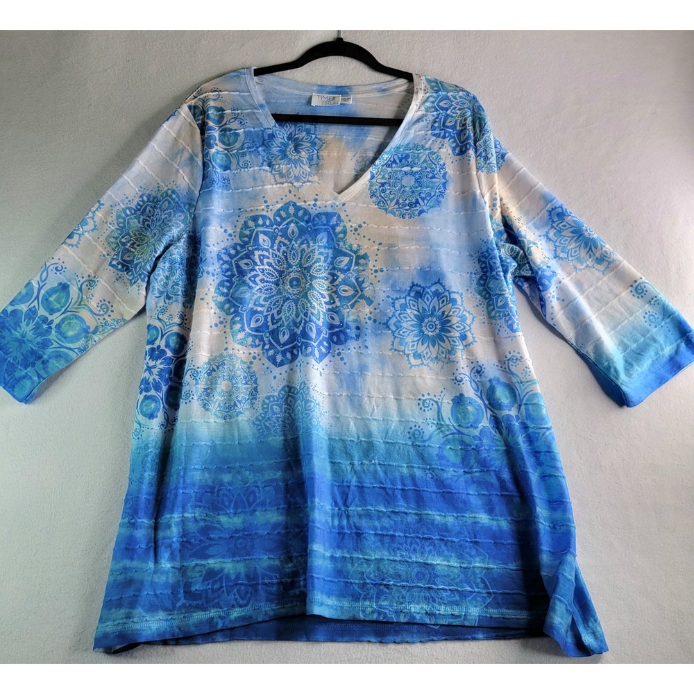 Time and Tru Blue Mandala Ombre Rhinestone V-Neck Tunic Top 3X 22 Plus Size